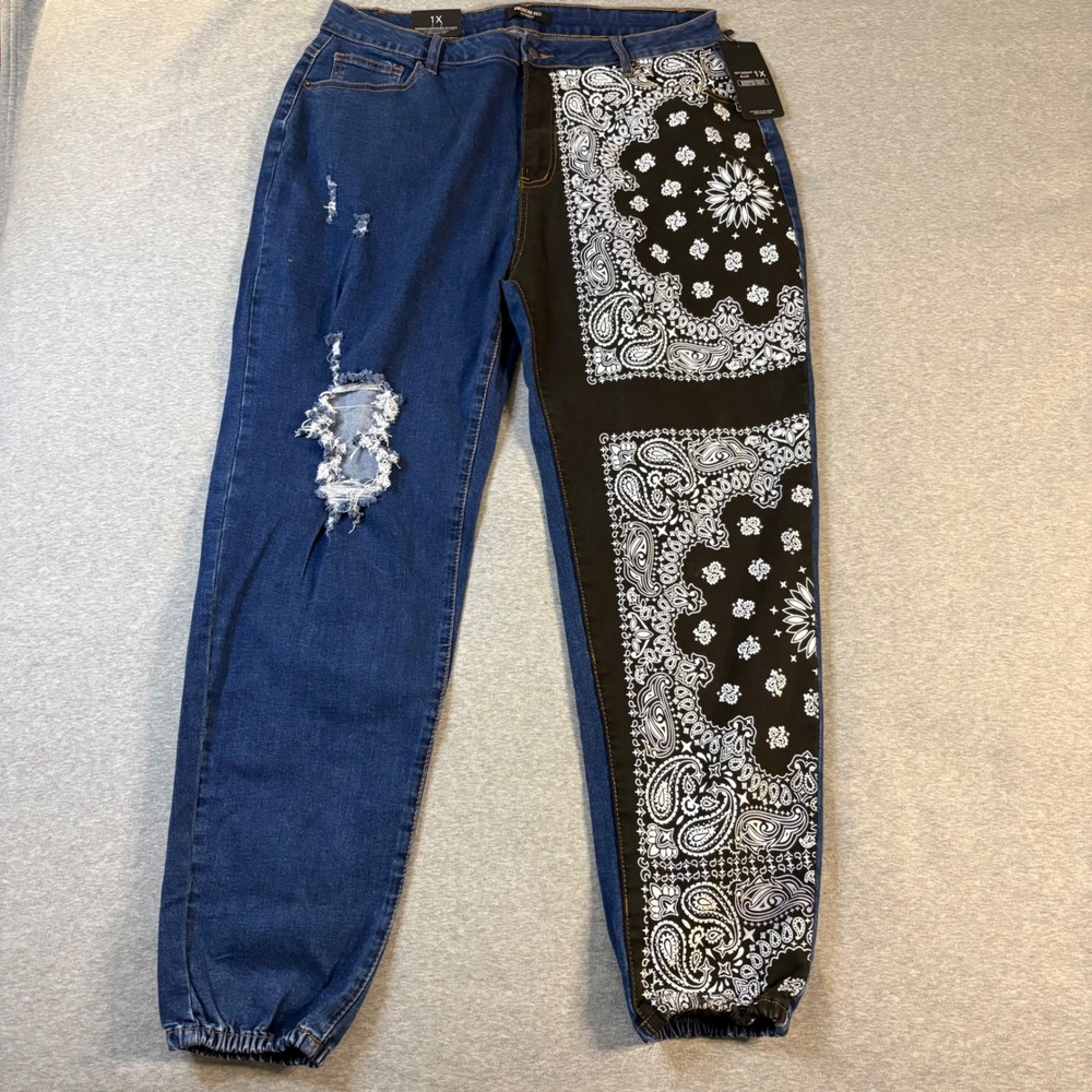 American Bazi Bandana Color Block Distressed Denim Joggers Blue Black 1X NWT